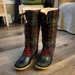 L.L. Bean Women's Tall Plaid Winter Rain Boots in Red, Green, Brown